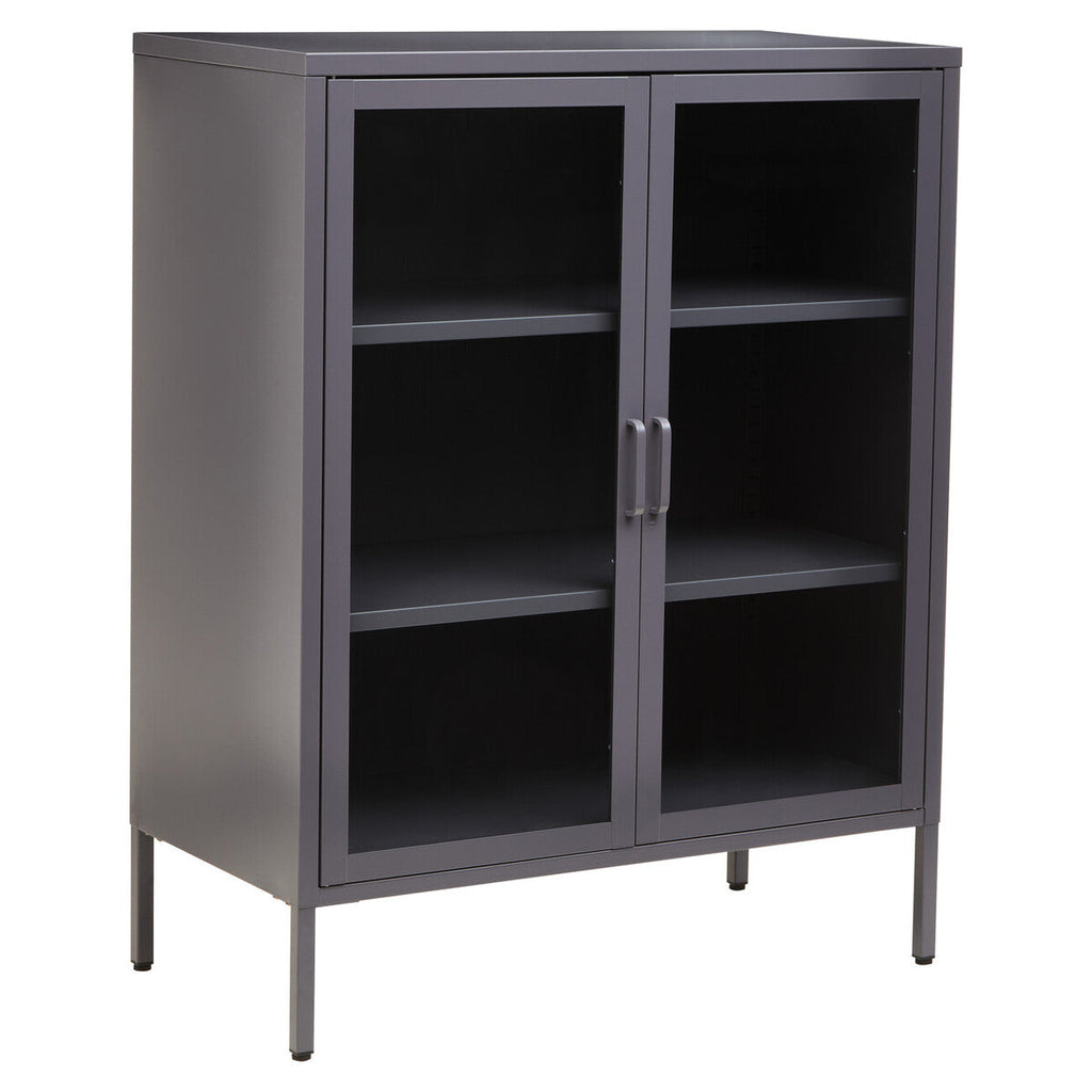 Two Door Grey Metal Cabinet with Tempered Glass