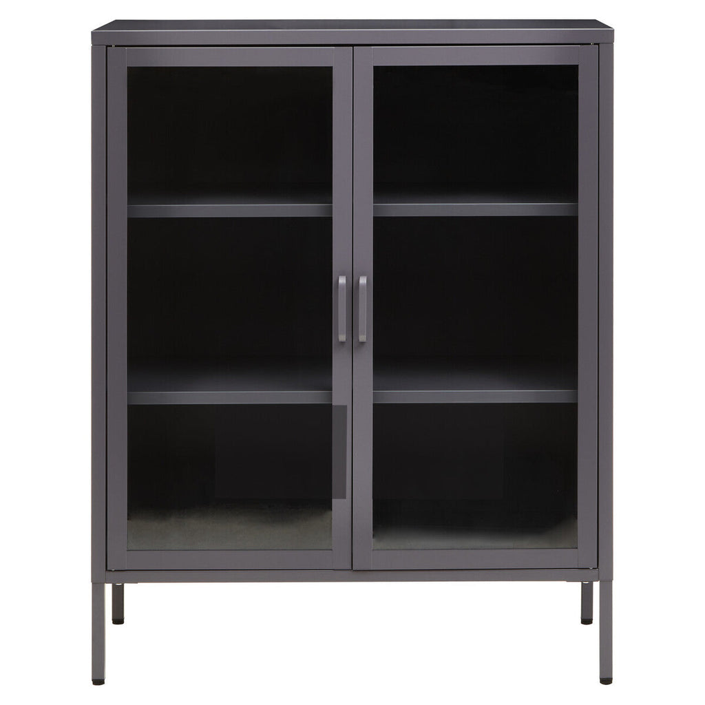 Two Door Grey Metal Cabinet with Tempered Glass