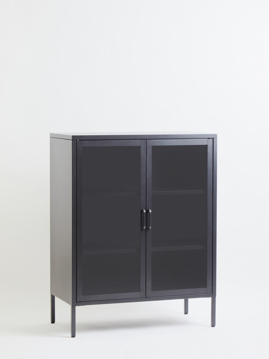 Two Door Grey Metal Cabinet with Tempered Glass