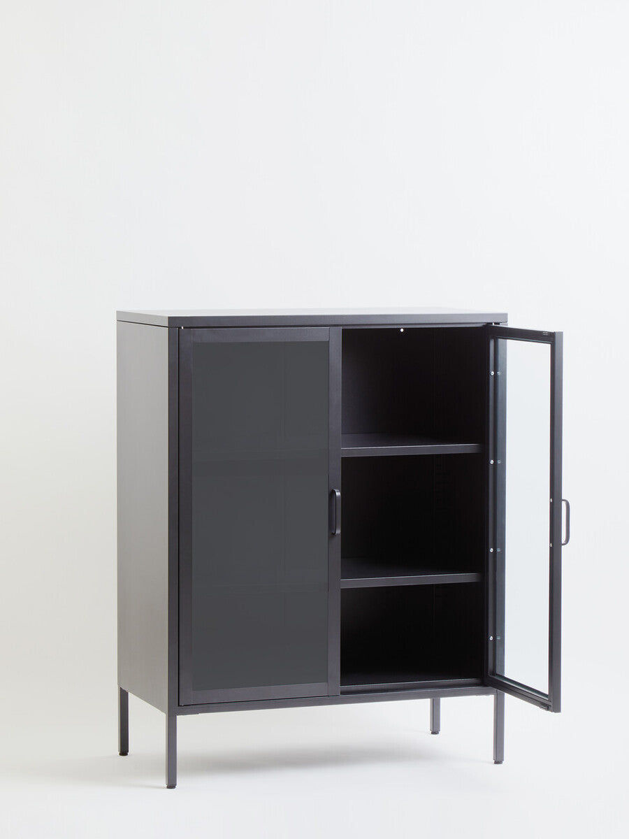Two Door Grey Metal Cabinet with Tempered Glass