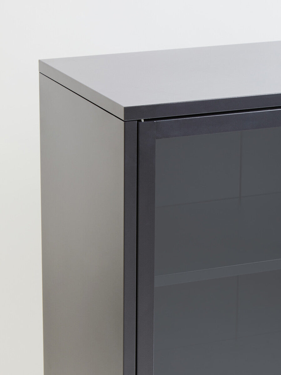 Two Door Grey Metal Cabinet with Tempered Glass