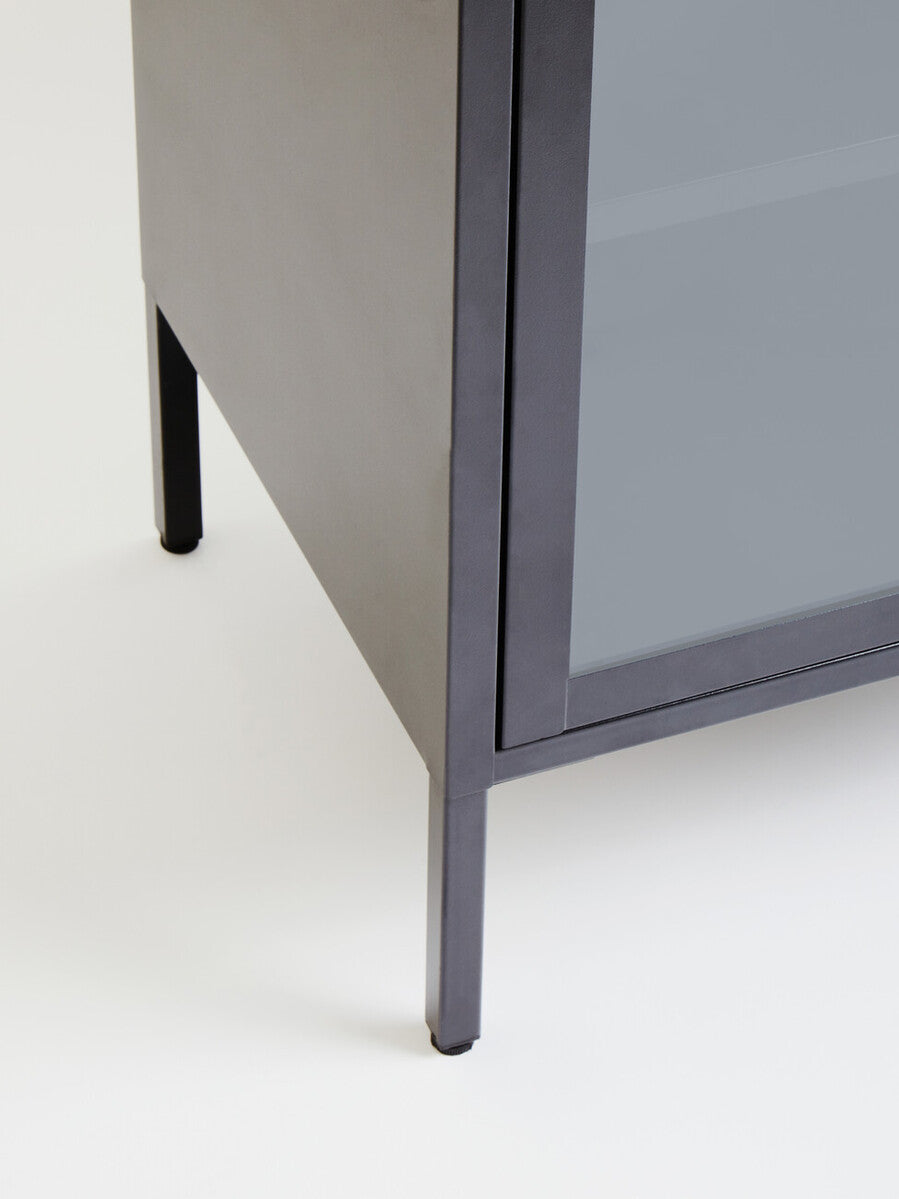 Two Door Grey Metal Cabinet with Tempered Glass