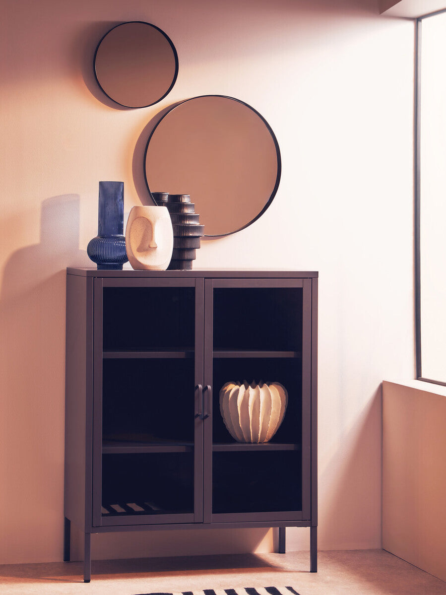Two Door Grey Metal Cabinet with Tempered Glass