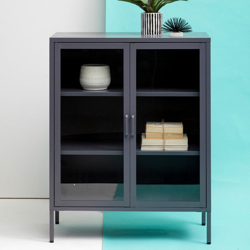 Two Door Grey Metal Cabinet with Tempered Glass
