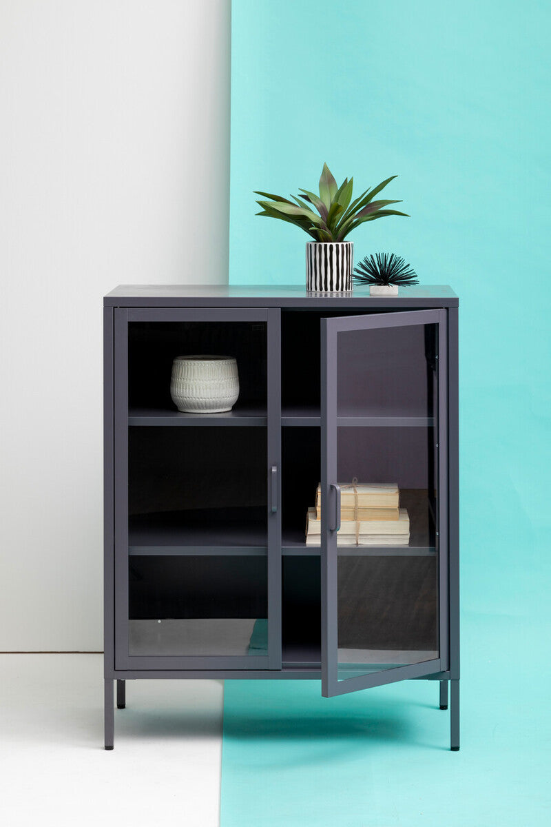 Two Door Grey Metal Cabinet with Tempered Glass