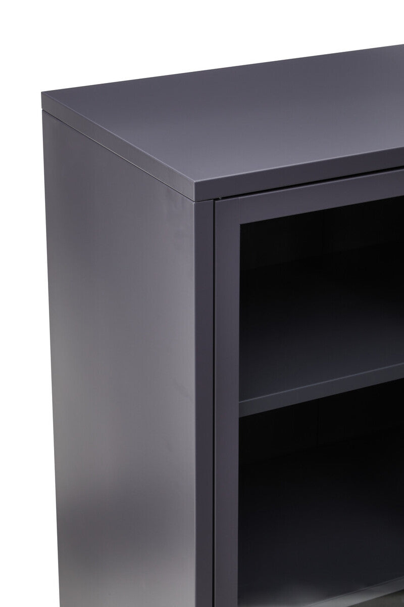 Two Door Grey Metal Cabinet with Tempered Glass
