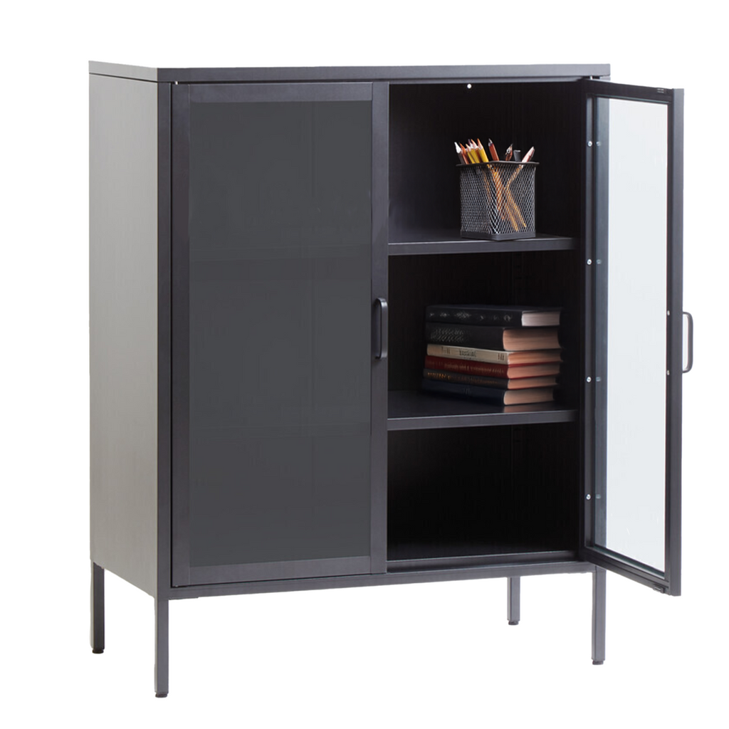 Two Door Grey Metal Cabinet with Tempered Glass