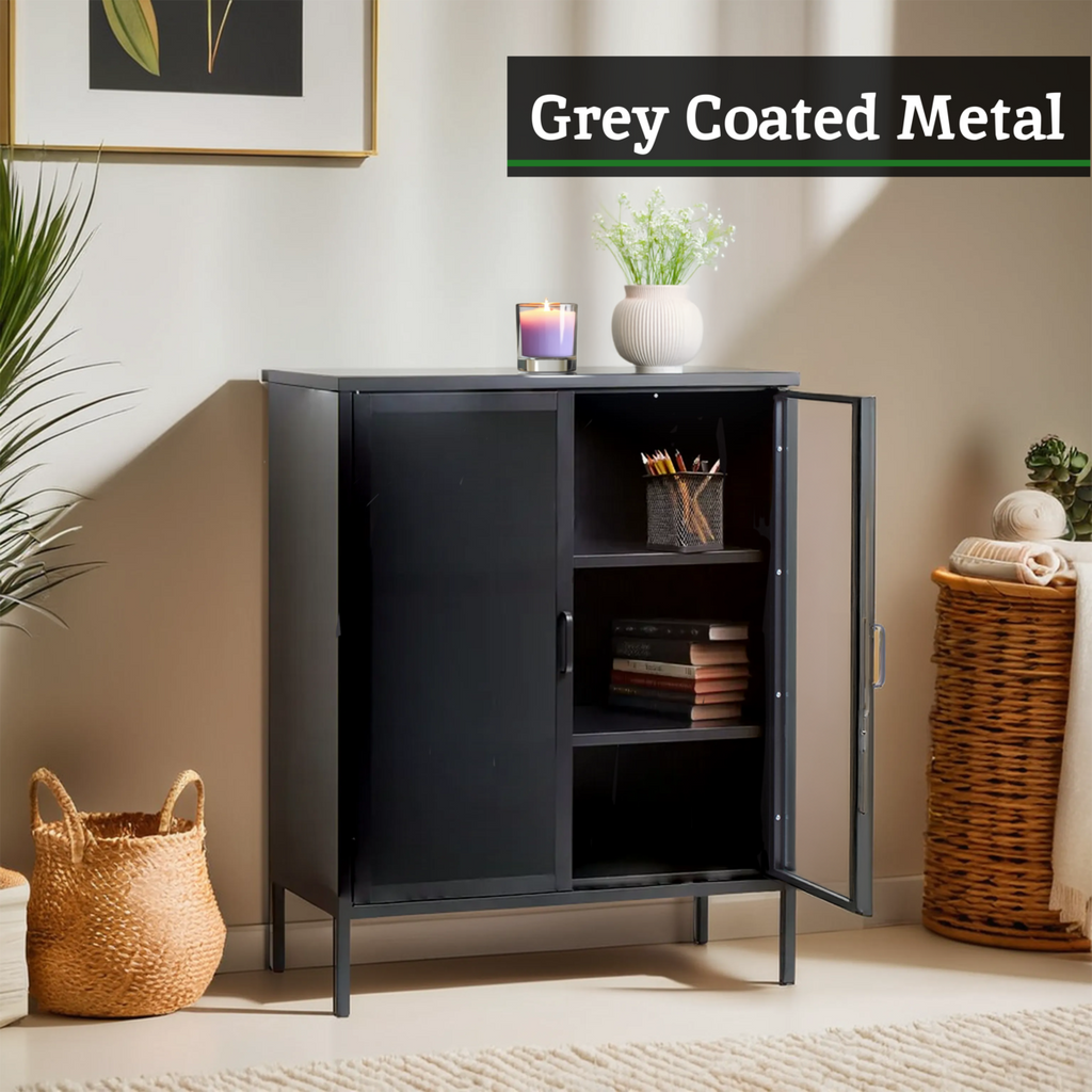 Two Door Grey Metal Cabinet with Tempered Glass