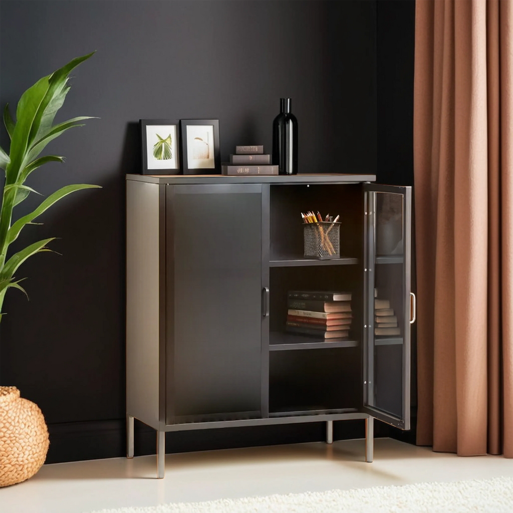 Two Door Grey Metal Cabinet with Tempered Glass