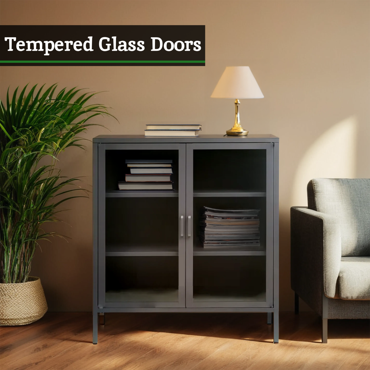 Two Door Grey Metal Cabinet with Tempered Glass