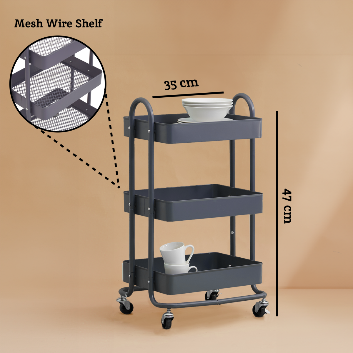Three Tier Grey Metal Trolley