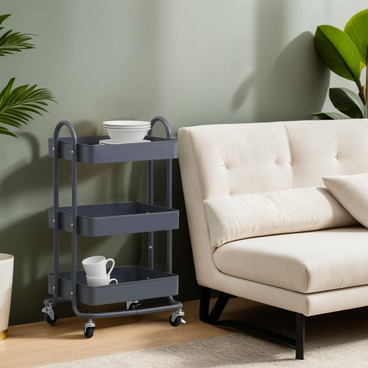 Three Tier Grey Metal Trolley