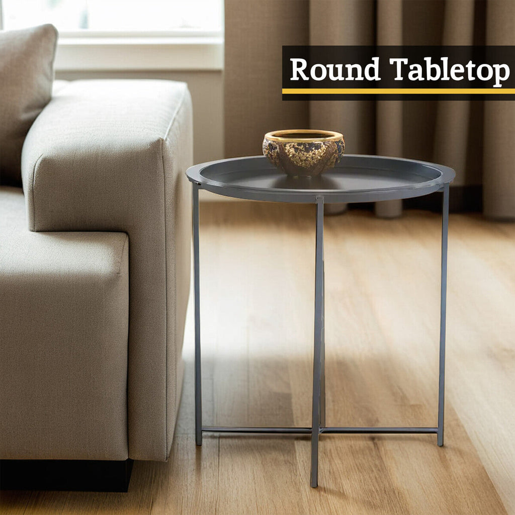 Grey Round Metal Side Table with Cross Base
