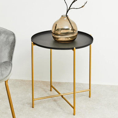 Black Round Tray Top Side Table with Gold Iron Stand