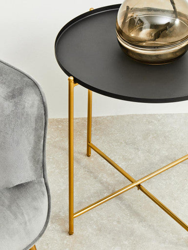 Black Round Tray Top Side Table with Gold Iron Stand