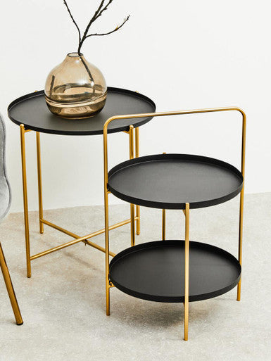 Black Round Tray Top Side Table with Gold Iron Stand