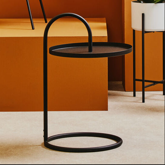 Black Round Top Side Table with Hanging Iron Frame