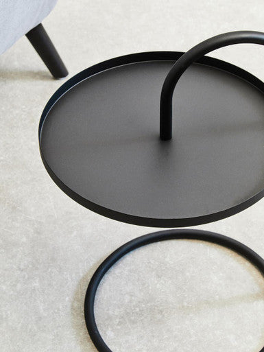 Black Round Top Side Table with Hanging Iron Frame