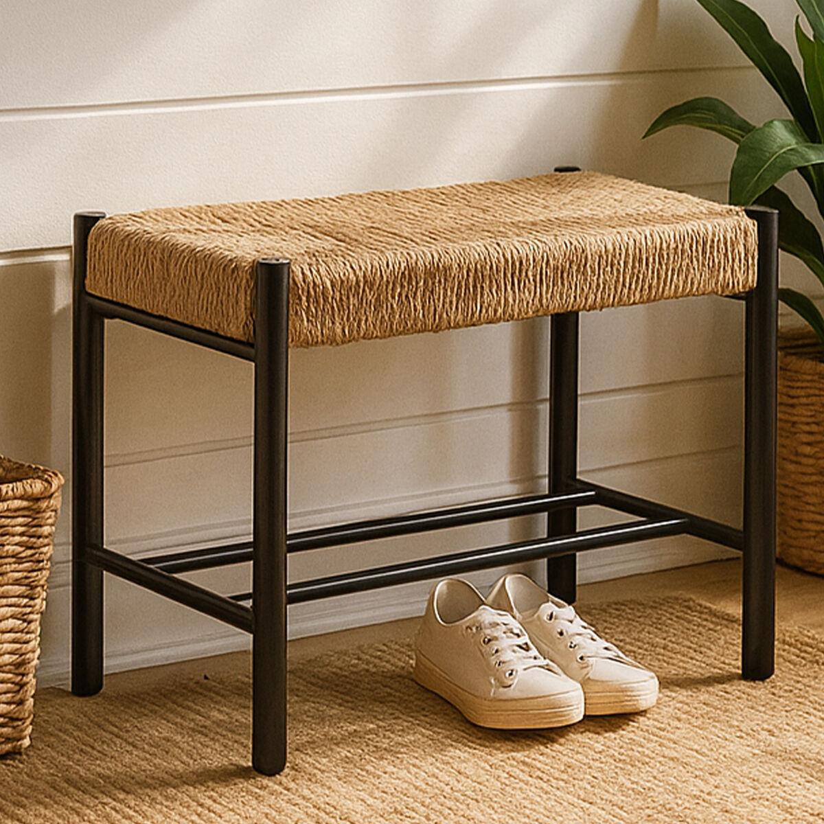 Natural Rope and Black Wood Small Bench