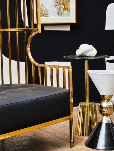 Black Marble Effect Side Table with Gold Base