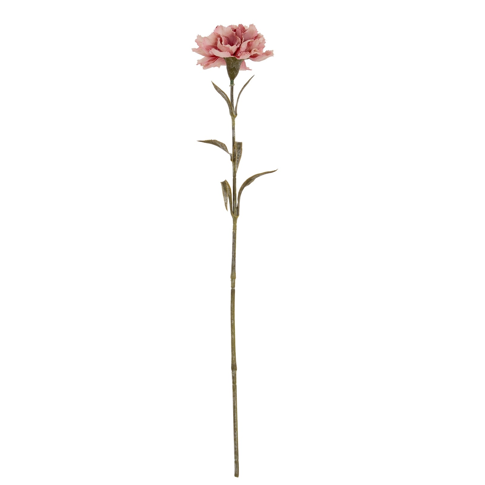 a soft pink artificial carnation stem with ruffled petals in warm, comforting light