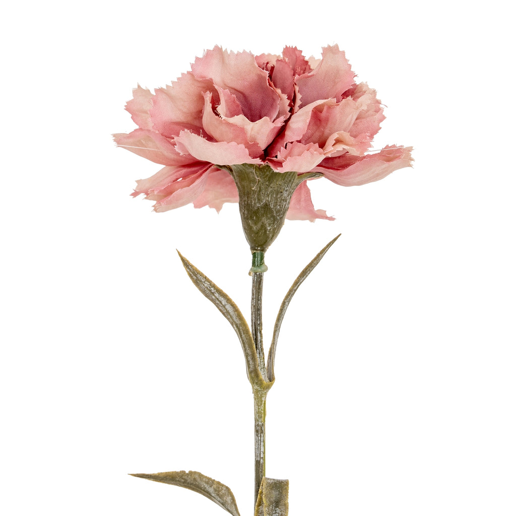 bold close-up of a ruffled blush-pink artificial carnation stem with dramatic lighting