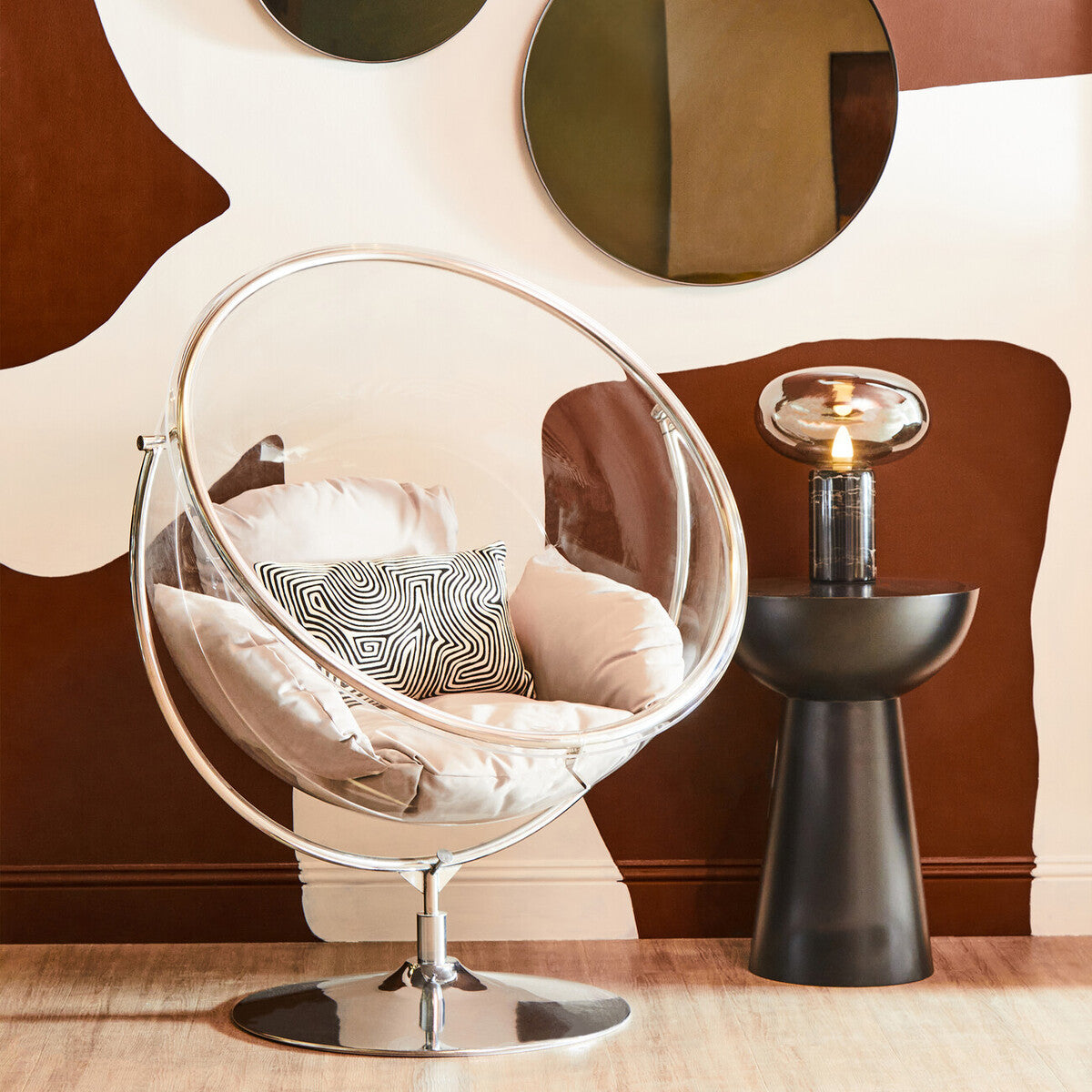 Clear Swing Chair with Grey Cushions