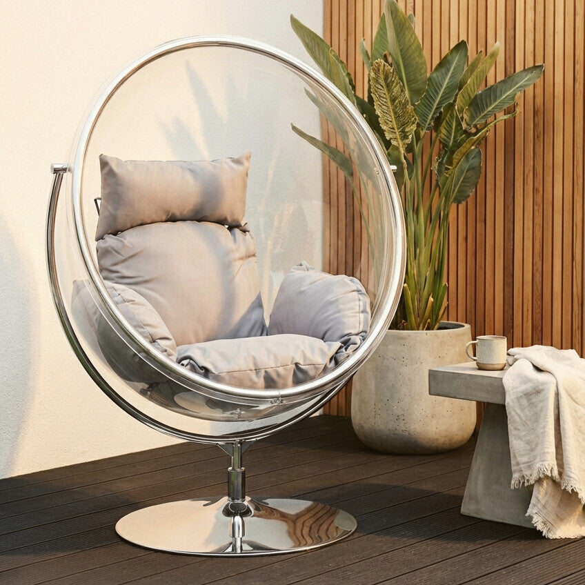 Clear Swing Chair with Grey Cushions