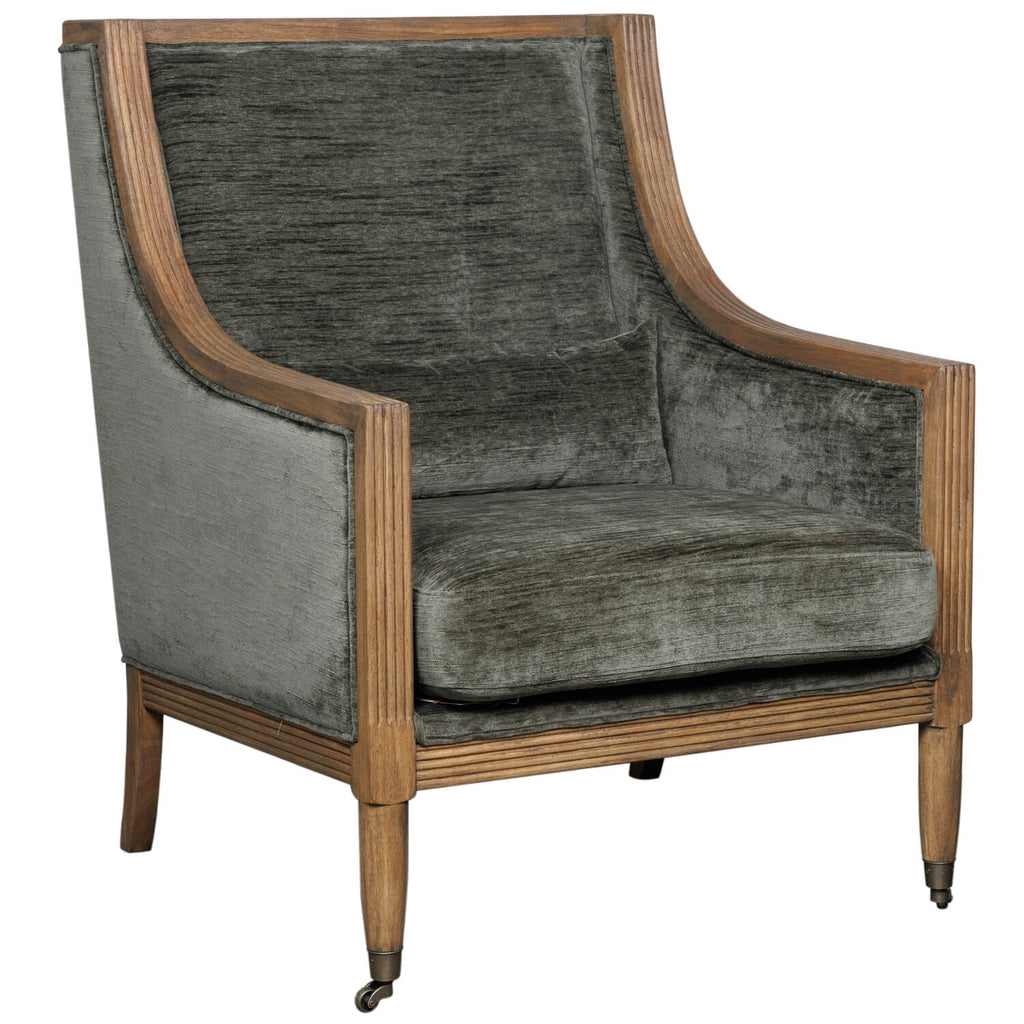 Olive velvet Albury armchair with handcrafted wood frame, ergonomic curved silhouette, and tailored stitching for elegant home decor by Sostter at brixbailey.com