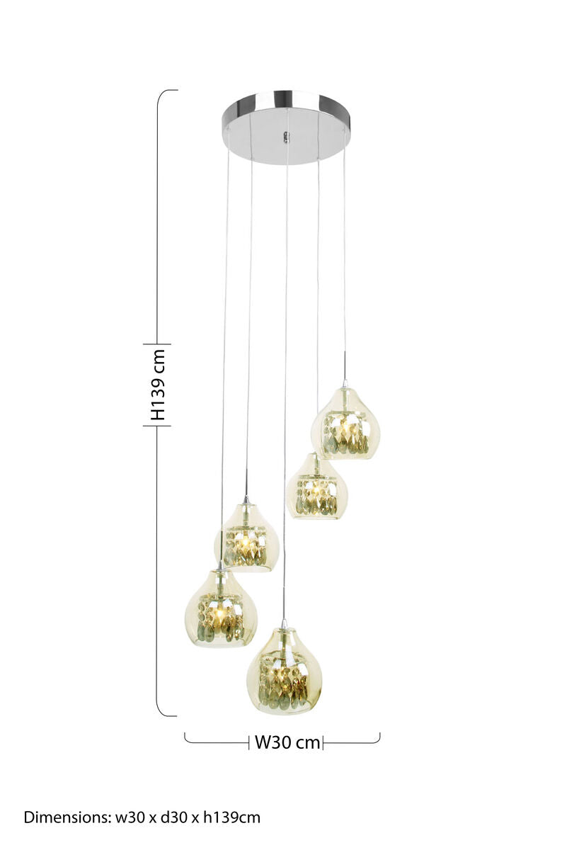 Smoked Glass Chrome 5 Pendant Light