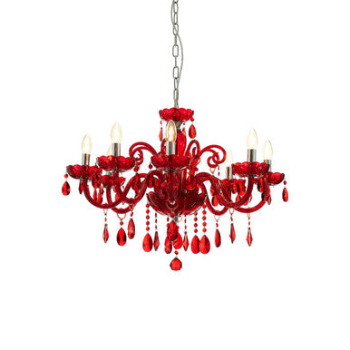 8 Bulb Red Crystal Glass Chandelier with Chrome Finish