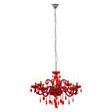 8 Bulb Red Crystal Glass Chandelier with Chrome Finish
