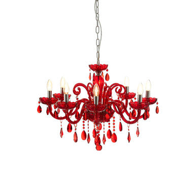 8 Bulb Red Crystal Glass Chandelier with Chrome Finish