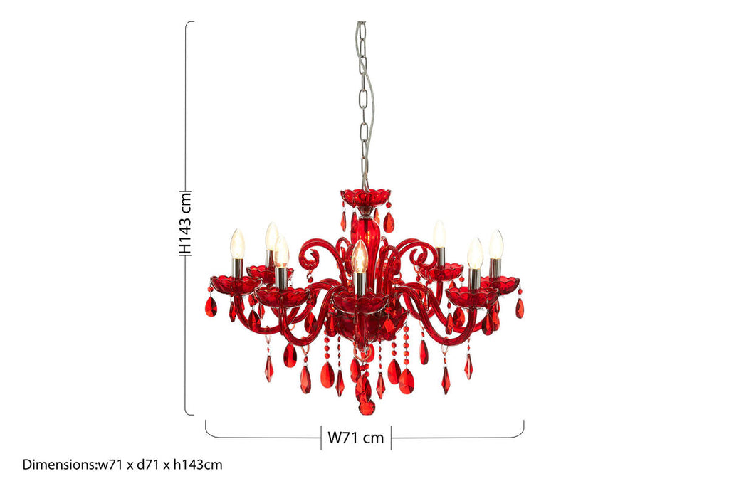 8 Bulb Red Crystal Glass Chandelier with Chrome Finish