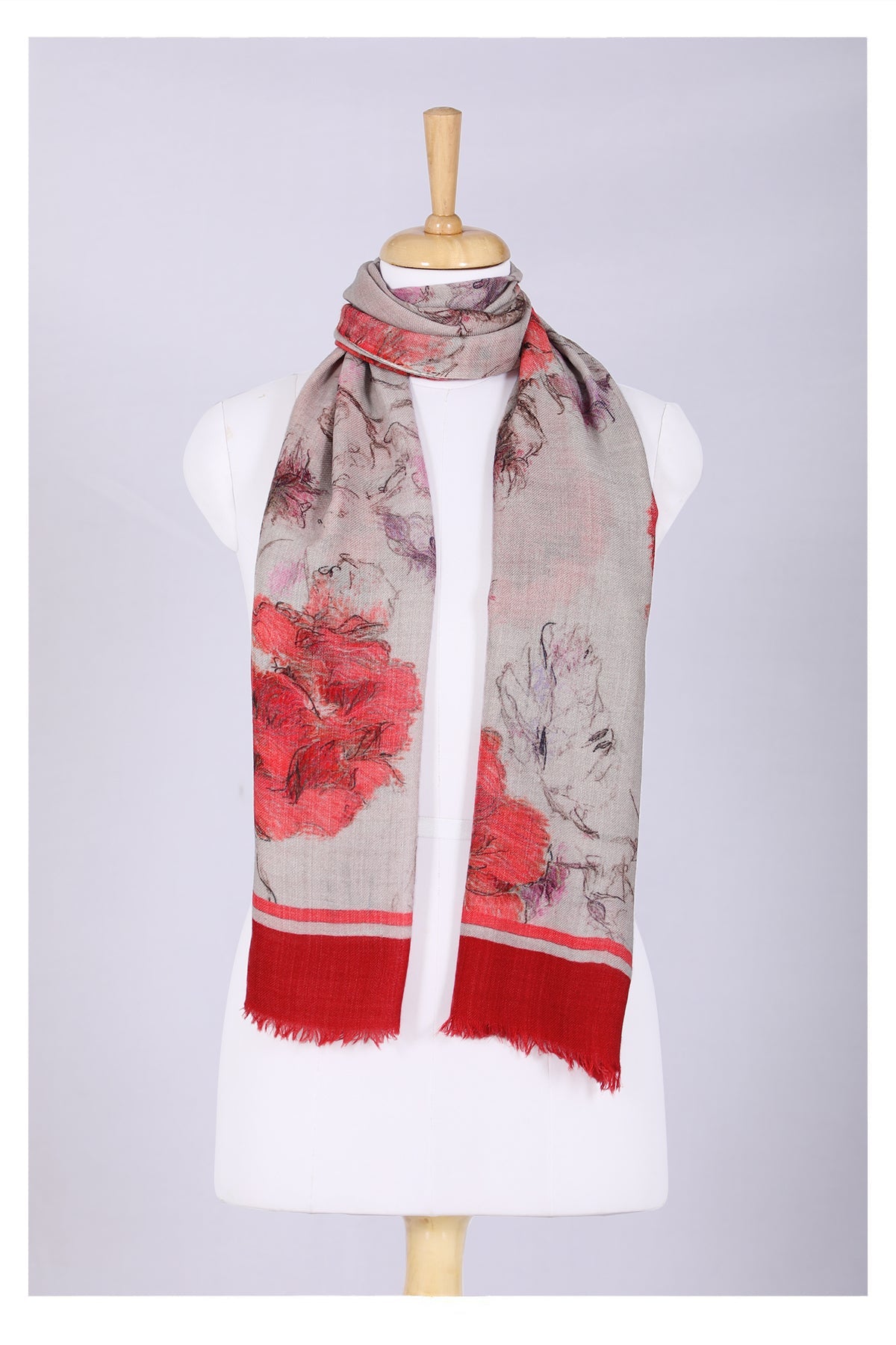 Floral Elegance Wool Scarf in Off White and Red
