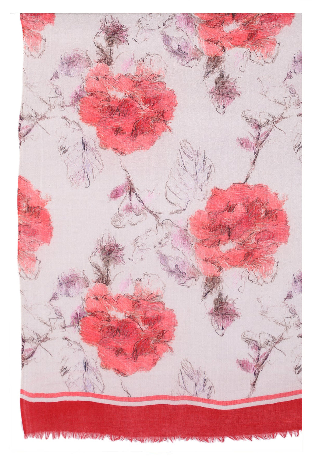 Floral Elegance Wool Scarf in Off White and Red