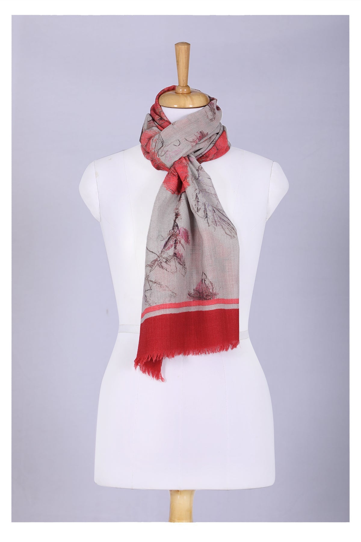 Floral Elegance Wool Scarf in Off White and Red