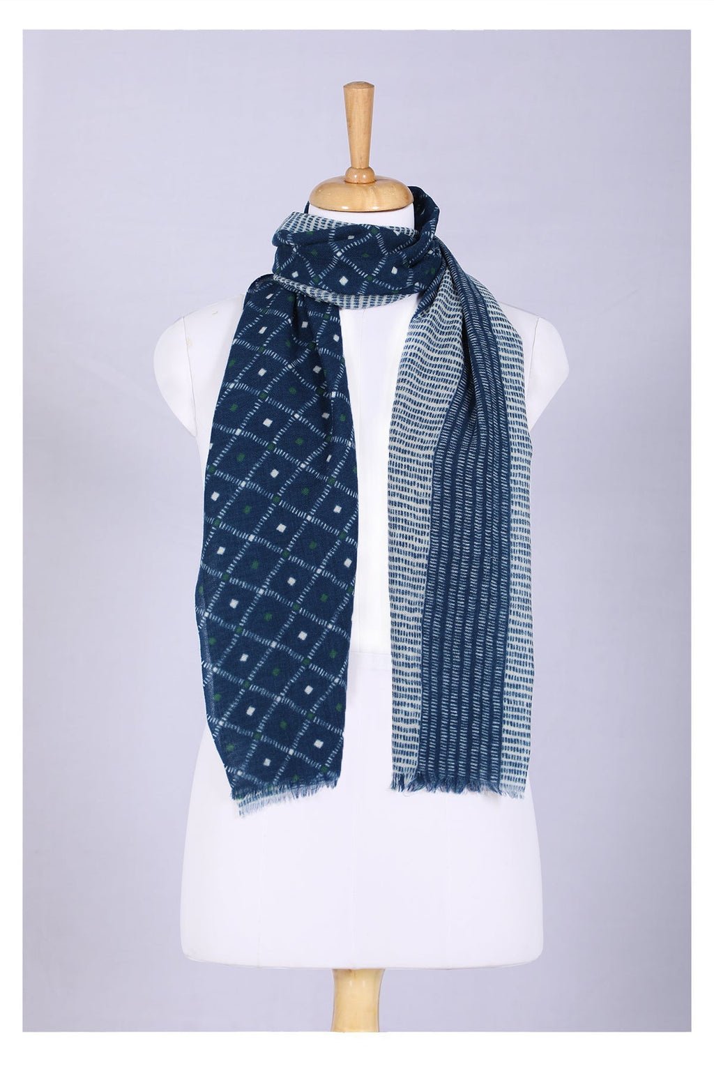 Indigo Wool Scarf with Geometric Pattern