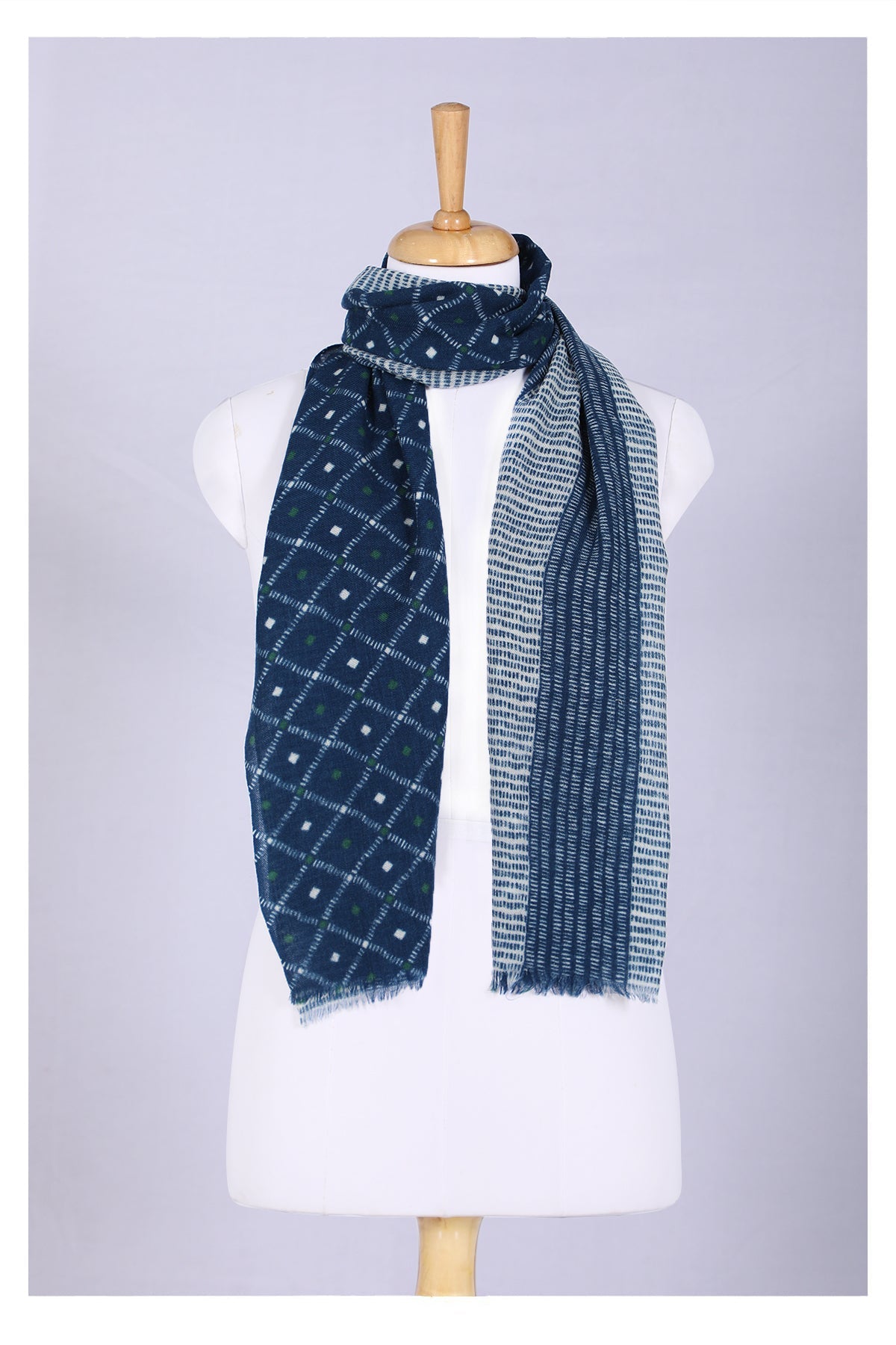 Indigo Wool Scarf with Geometric Pattern