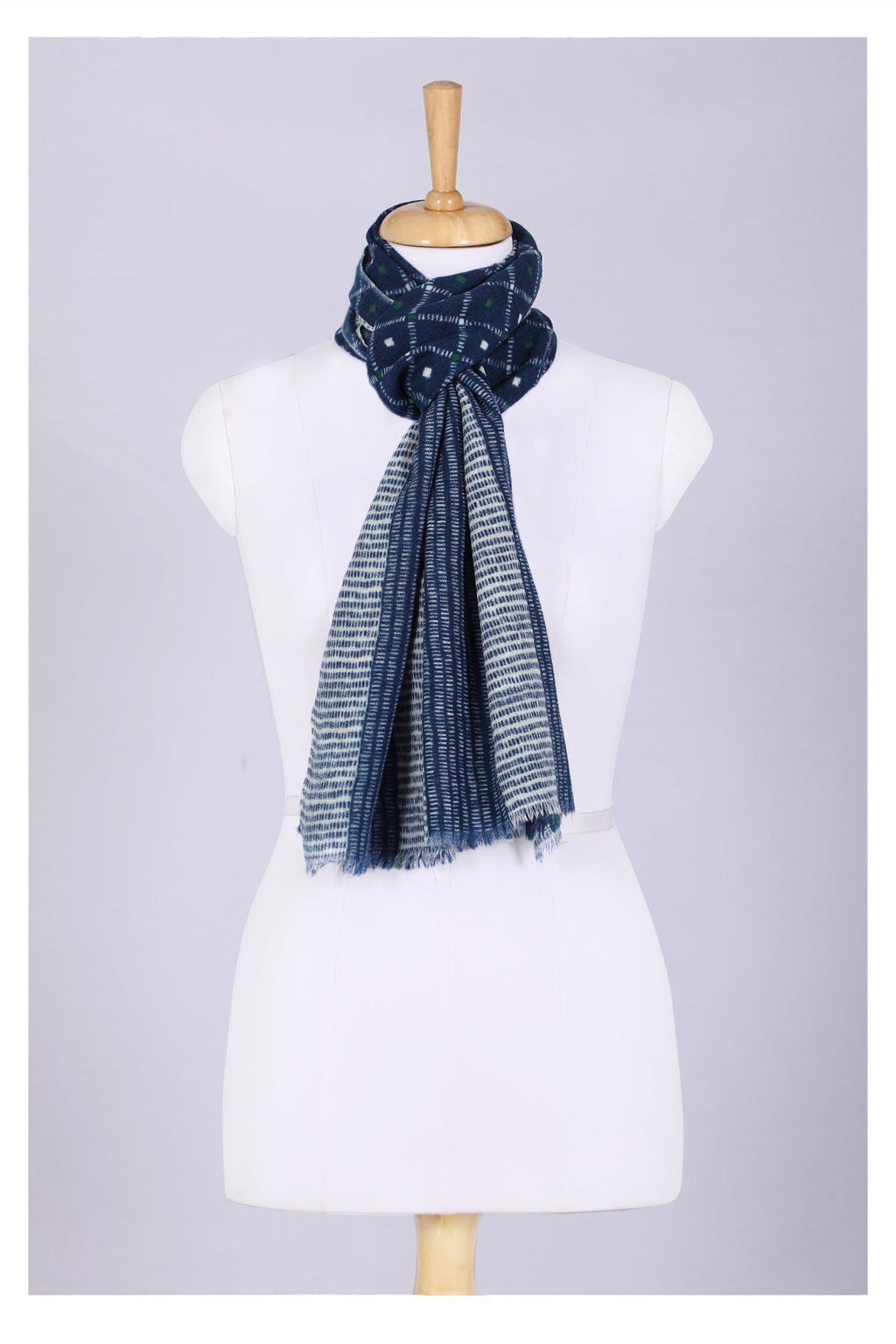 Indigo Wool Scarf with Geometric Pattern