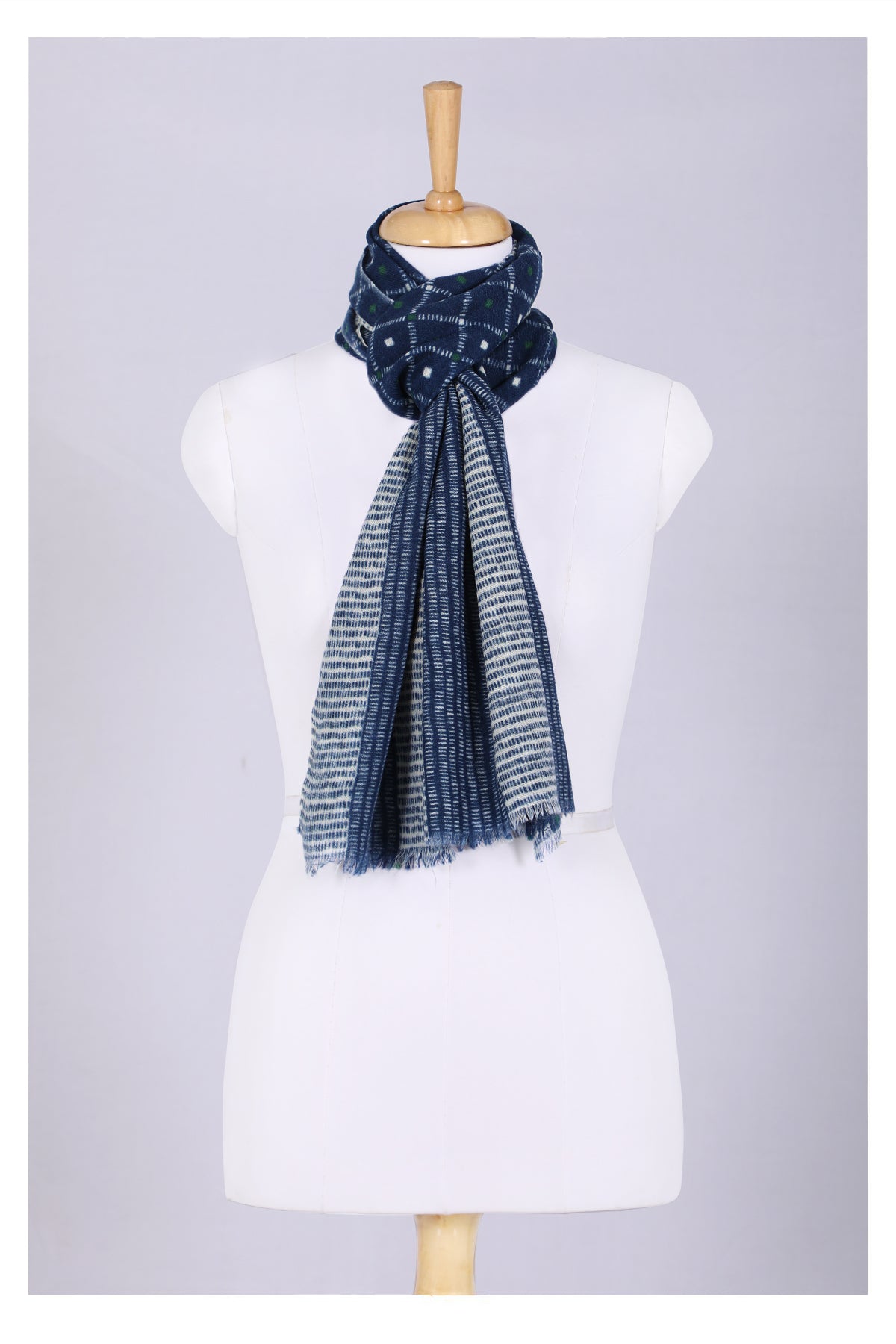 Indigo Wool Scarf with Geometric Pattern