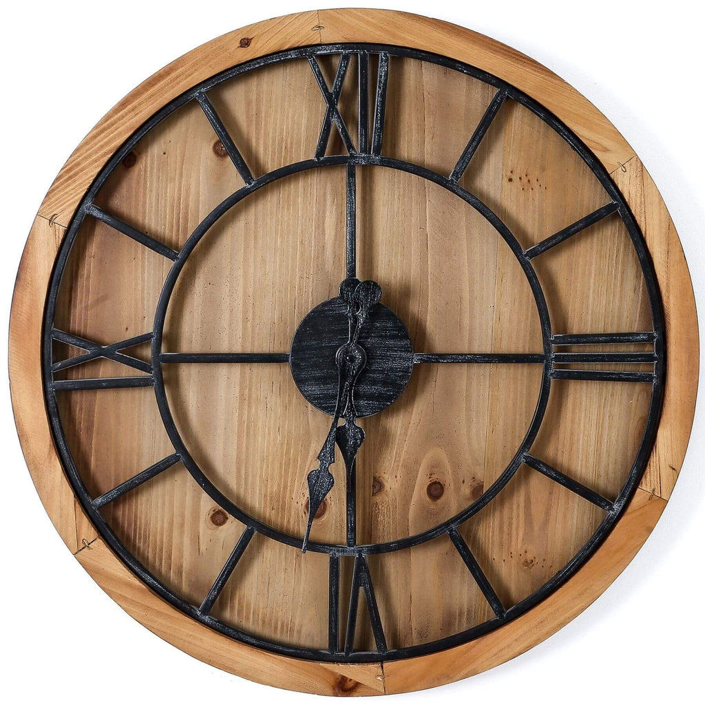 bold wooden wall clock with rich brown wood and grey numerals in dramatic lighting