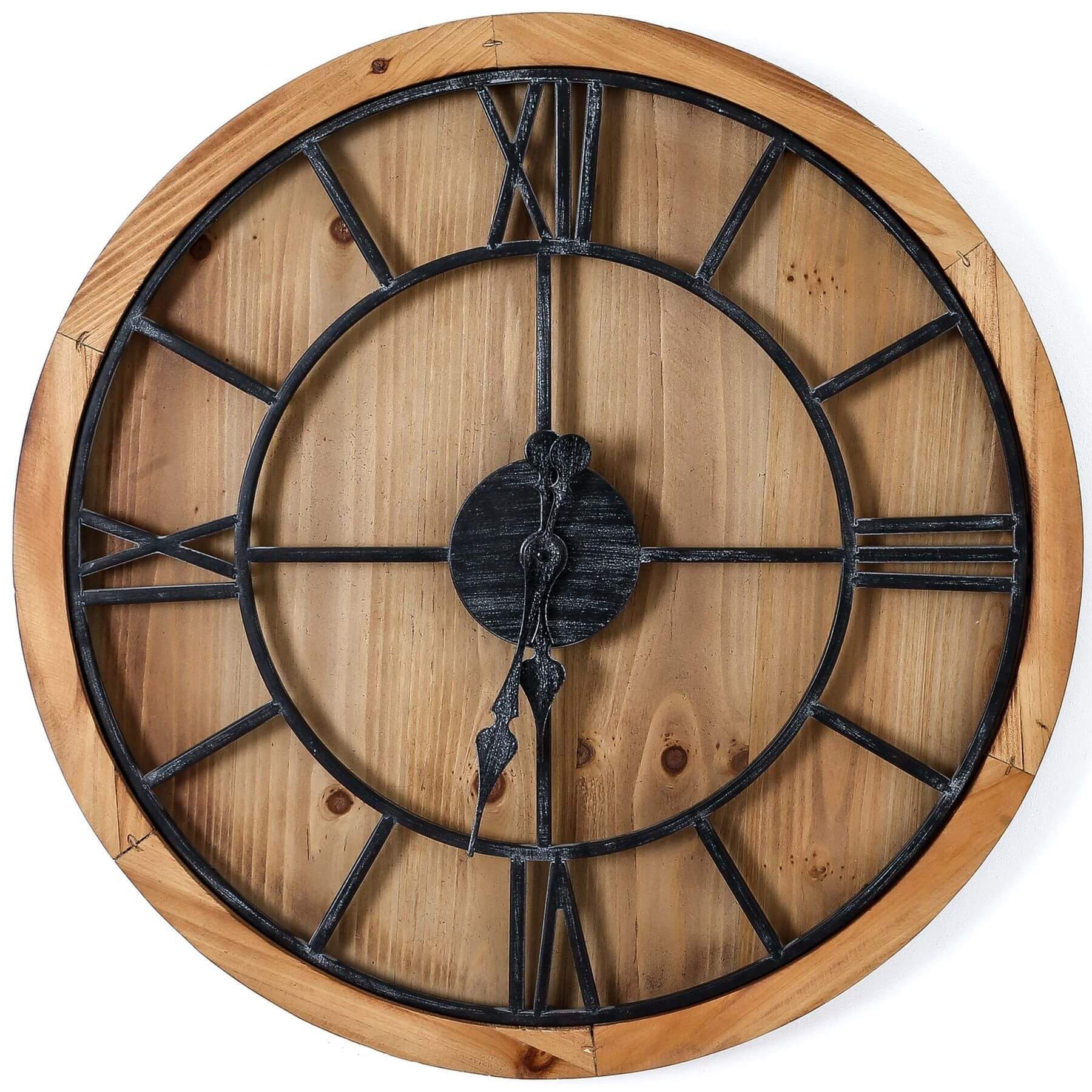 bold wooden wall clock with rich brown wood and grey numerals in dramatic lighting