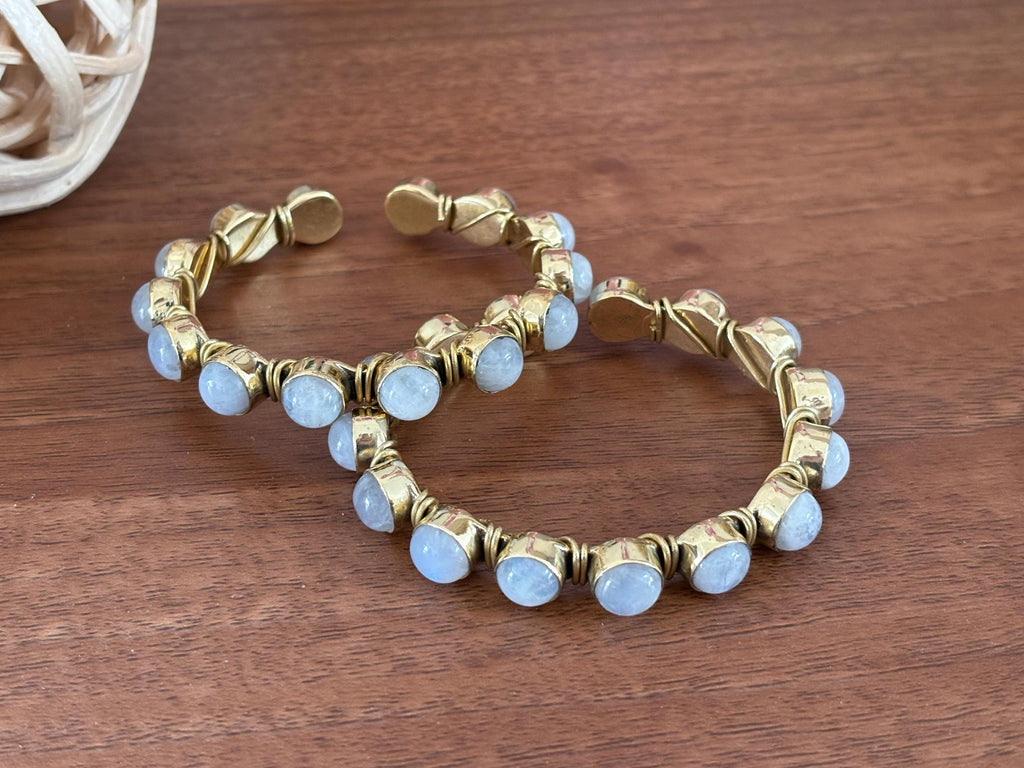 Moonstone Cuff Bangle Adjustable Brass Bracelet with Natural Stone