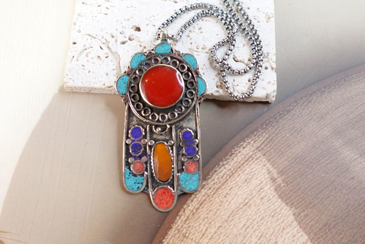 Large Hamsa Hand Pendant with Amber Lapis Turquoise and Coral Stone