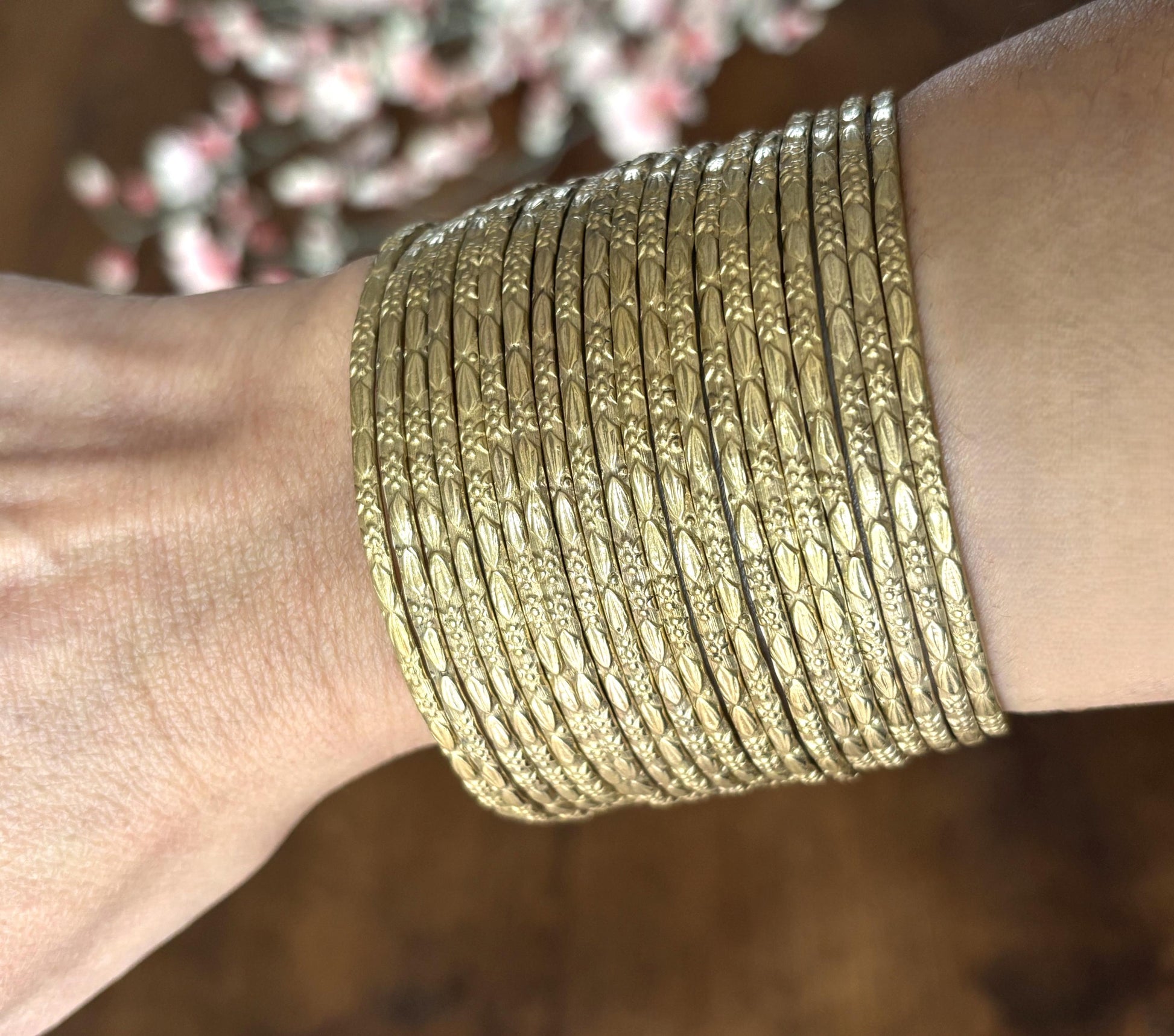 Hammered Gold Finish Adjustable Brass Bangle Stack