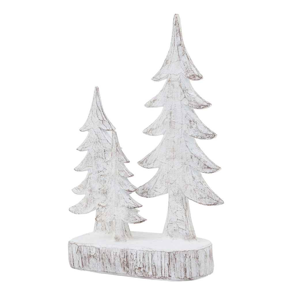 Handcrafted white resin winter pine tree sculpture with snow-dusted branches, set of three for holiday decor. by RoomLondon at brixbailey.com