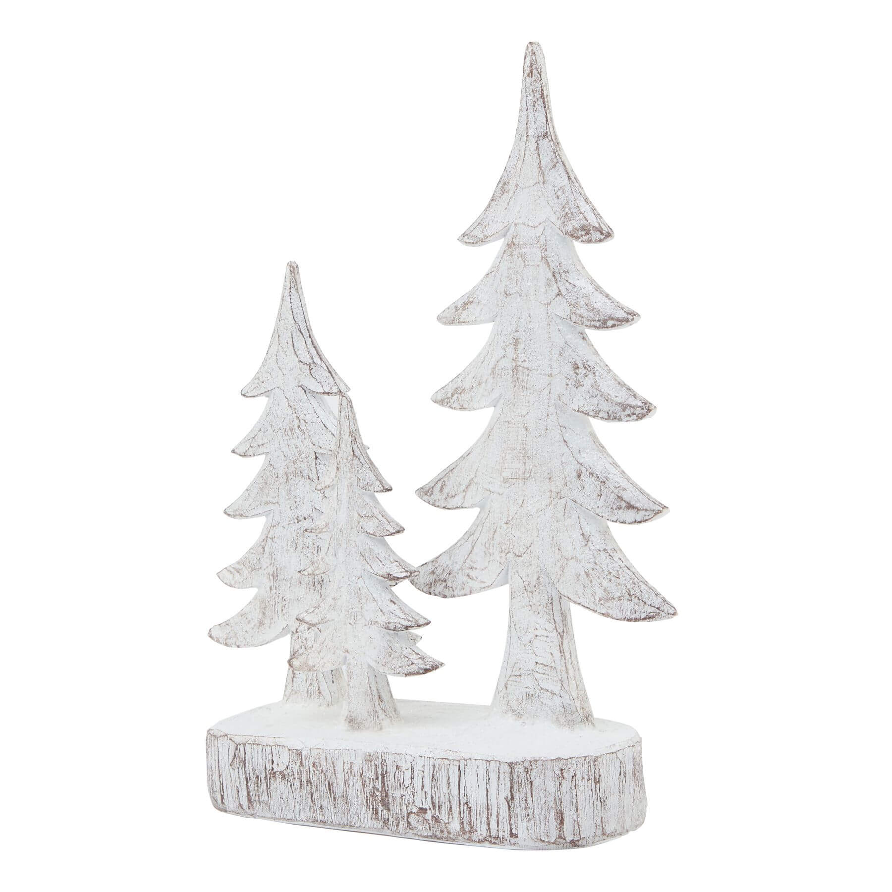 Handcrafted white resin winter pine tree sculpture with snow-dusted branches, set of three for holiday decor. by RoomLondon at brixbailey.com