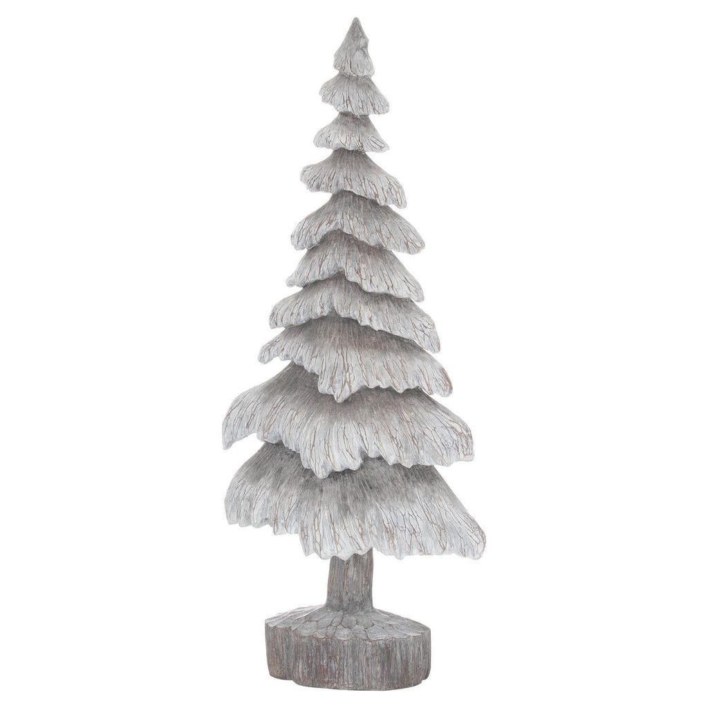 Handcrafted grey resin winter tree with frosted snow accents, realistic wood grain texture, and elegant slender profile. by Sostter at brixbailey.com