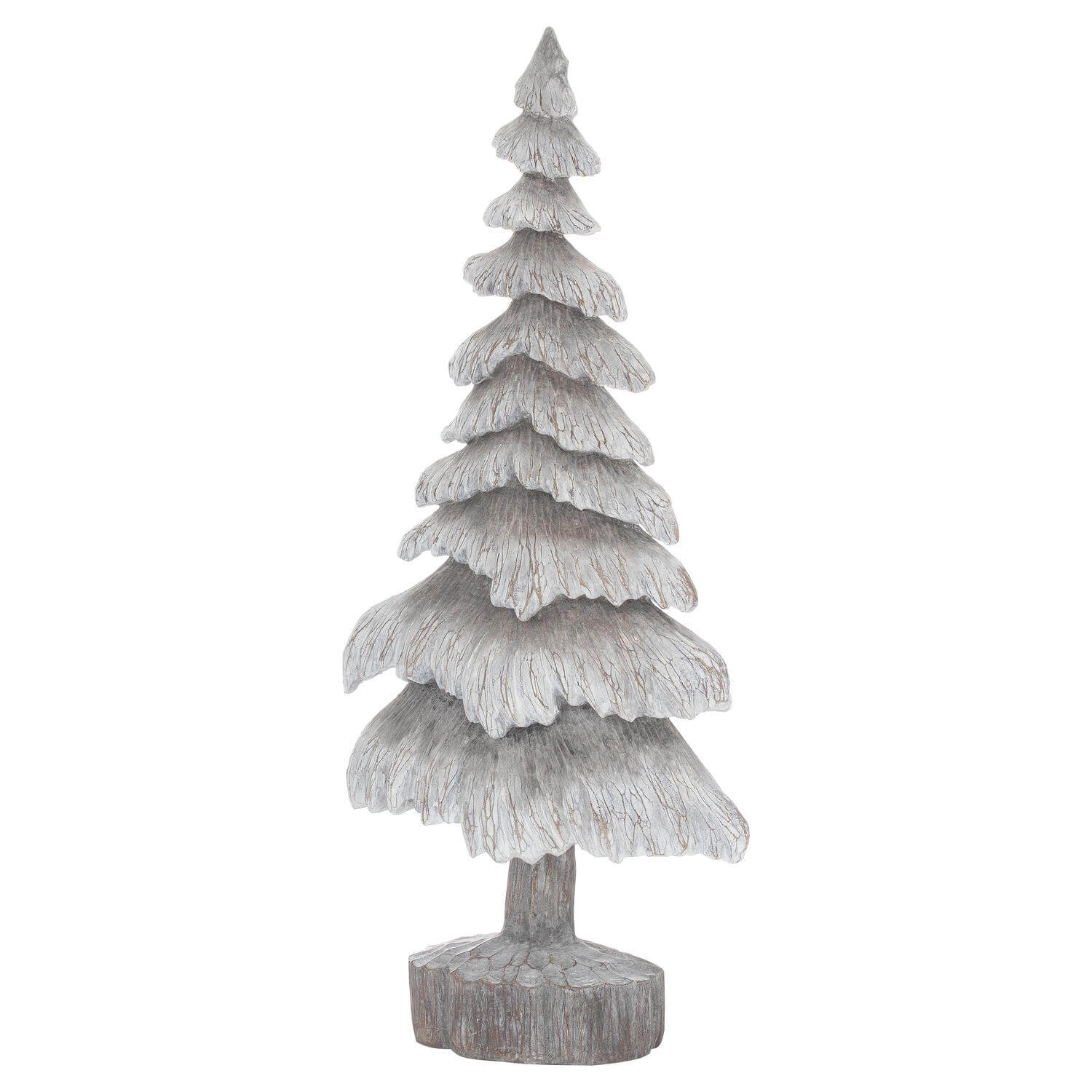 Handcrafted grey resin winter tree with frosted snow accents, realistic wood grain texture, and elegant slender profile. by Sostter at brixbailey.com
